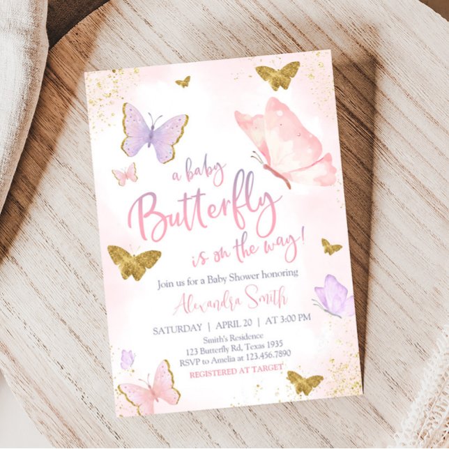 Invitation Baby shower de printemps de papillon rose or (Purple Gold Butterfly Baby Shower Invitation)