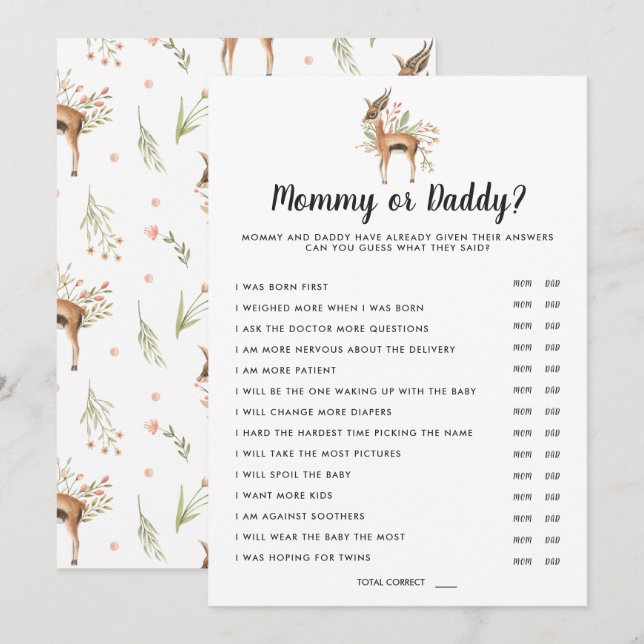 Invitation Baby shower de printemps | Jeu maman ou papa (Devant / Derrière)
