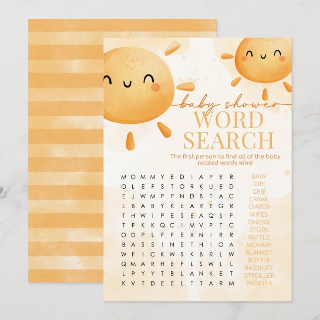Invitation Baby shower de recherche Sun Sunshine Word (Devant / Derrière)
