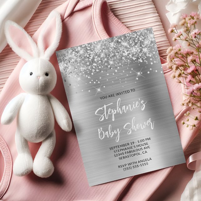 Invitation Baby shower de registre en ligne Glittery Silver G (Glittery Silver Glam Online Registry Baby Shower Invitation)