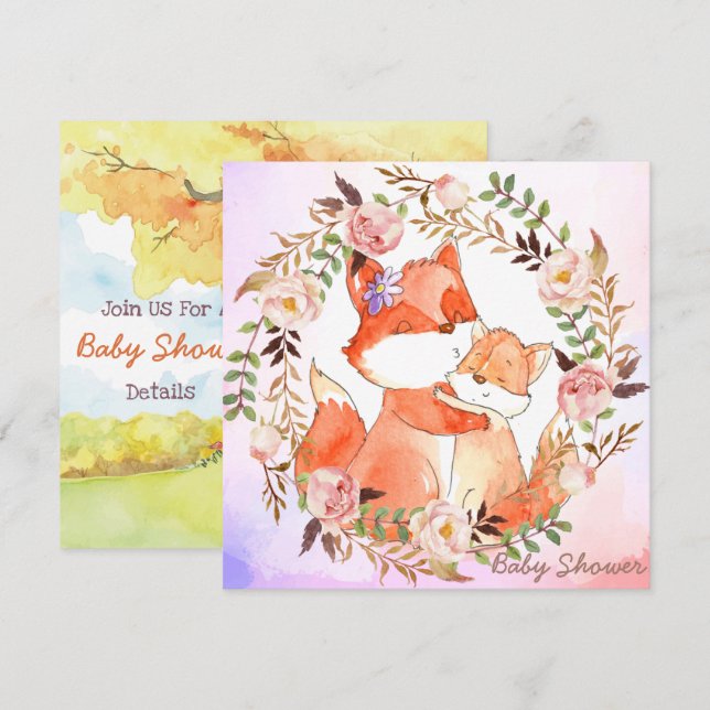 Invitation Baby shower de renards (Devant / Derrière)
