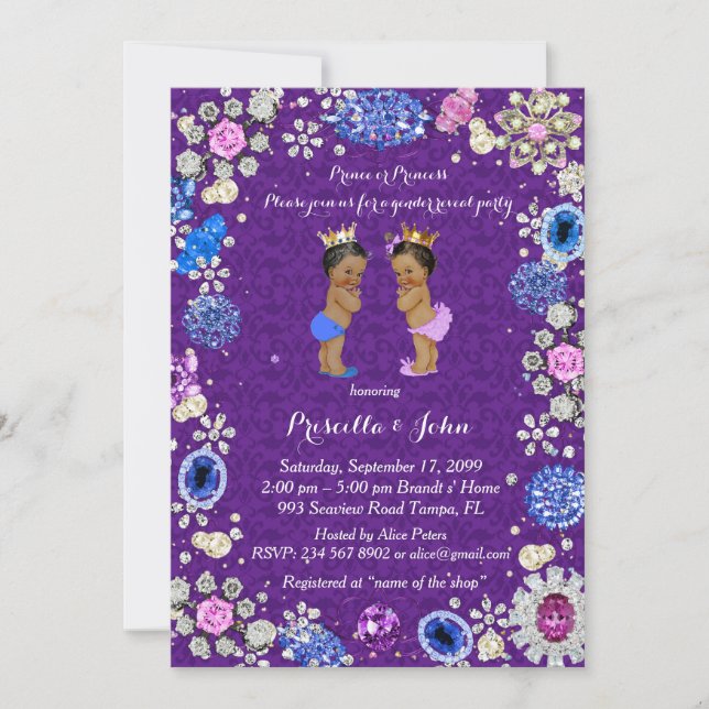 Invitation Baby shower de révélation de genre, damas, violet (Devant)