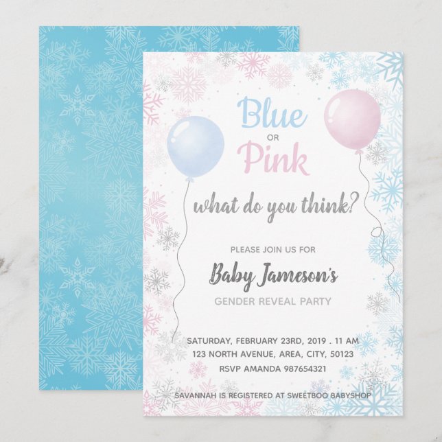 Invitation Baby shower de révélation de genre des flocons de  (Devant / Derrière)