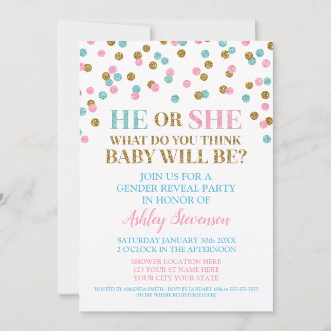 Invitation Baby shower de révélation de genre pour Confetti G (Dos)