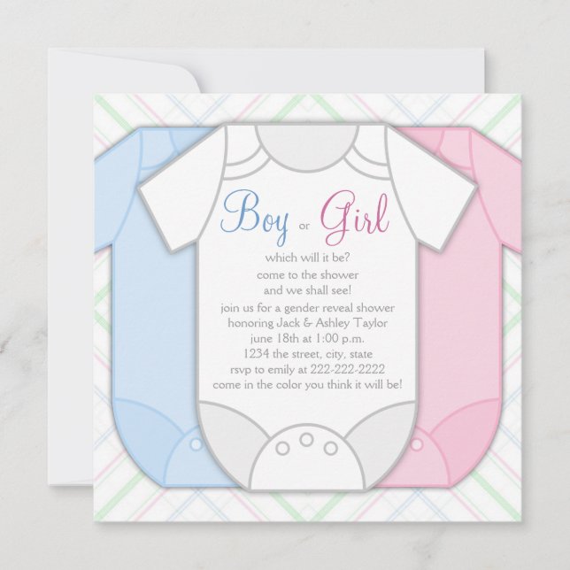Invitation Baby shower de révélation de genre rose bleu plaid (Devant)