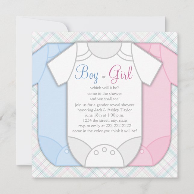 Invitation Baby shower de révélation de genre rose et bleu (Devant)