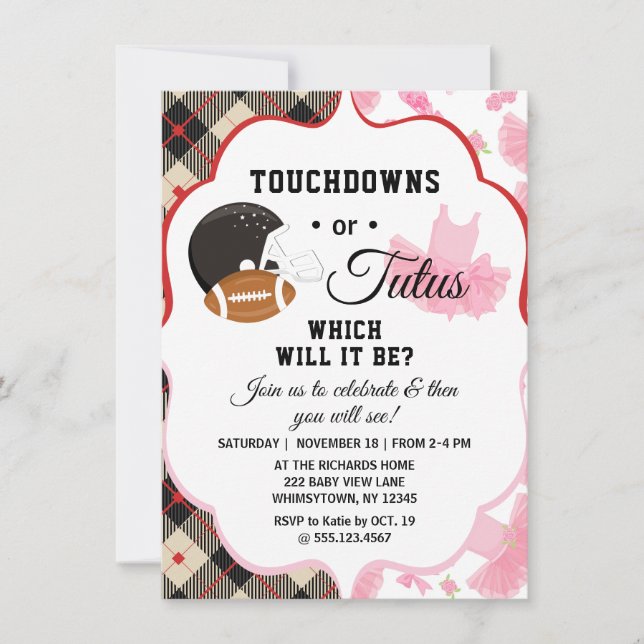 Invitation Baby shower de révélation de genre Touchdowns ou T (Devant)