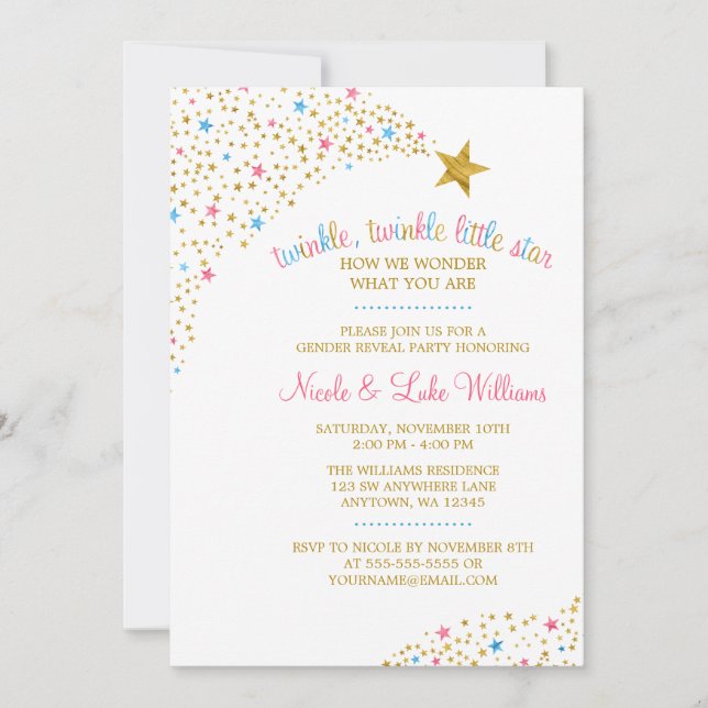 Invitation Baby shower de révélation de genre Twinkle Little  (Devant)