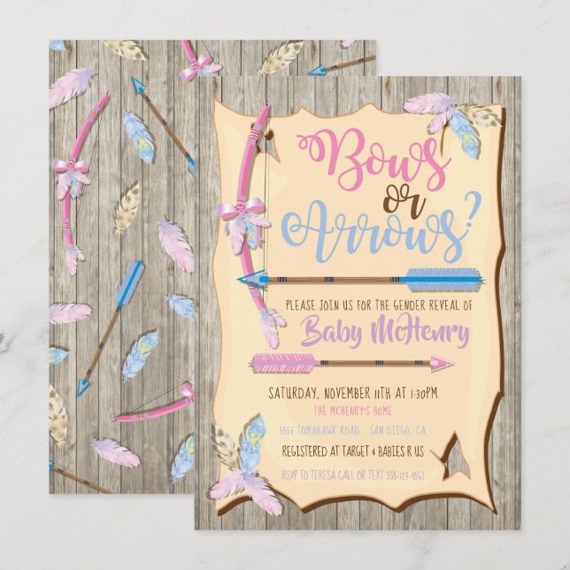 Invitation Baby shower de révélation de sexe de la flèche ou  (Devant / Derrière)