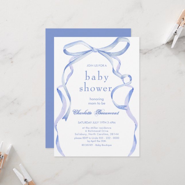 Invitation Baby shower de ruban bleu aquarelle (Devant/Arrière en situation)