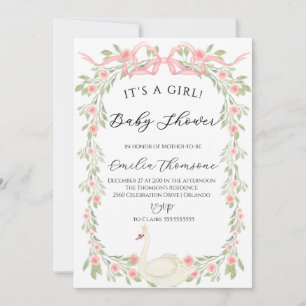 Invitation Baby shower de ruban rose pâle du cygne floral