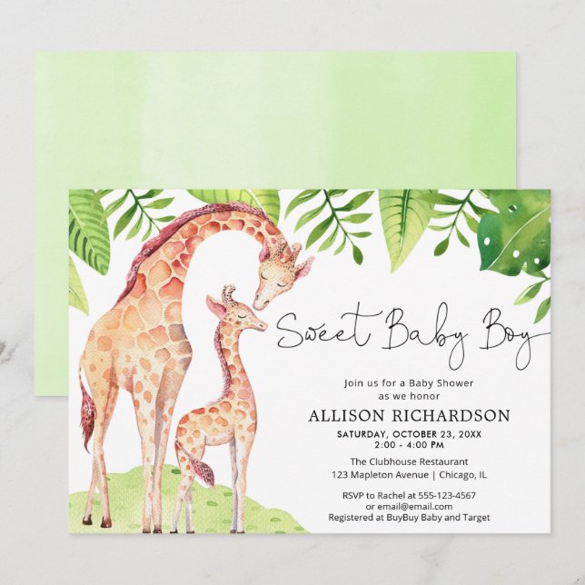 Invitation baby shower de safari pour girafe bébé sucré et gi (Devant / Derrière)