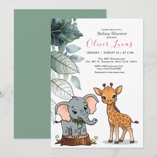 Invitation Baby shower de Safari tropical Animaux (Devant / Derrière)