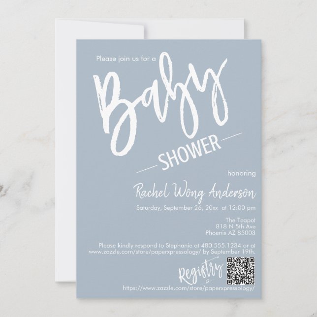 Invitation Baby shower de script bleu foncé simple QR Code ph (Devant)