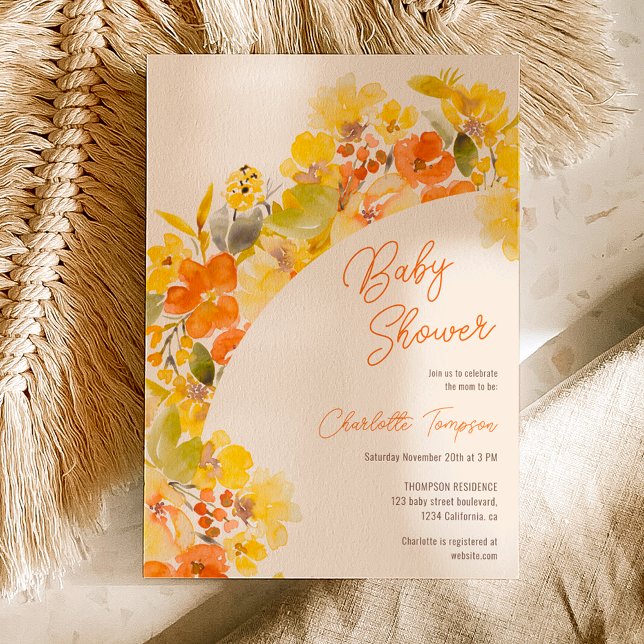 Invitation Baby shower de script de fleurs jaunes boho d'auto (Fall boho yellow flowers script baby shower invitation on ivory)