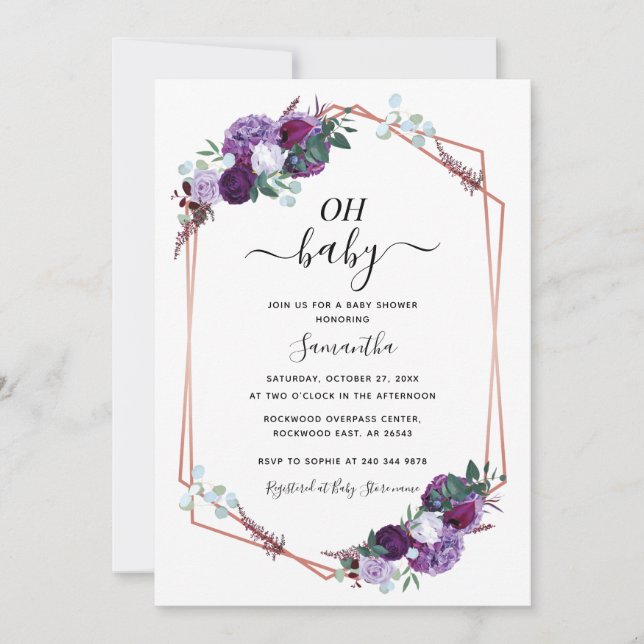 Invitation Baby shower de script de végétation fleurie violet (Devant)