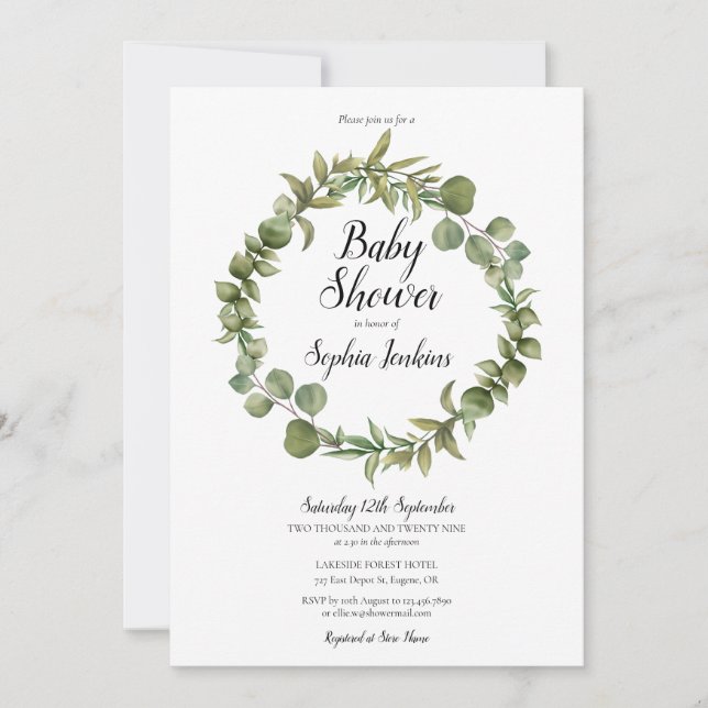 Invitation Baby shower de script Eucalyptus de la verdure des (Devant)