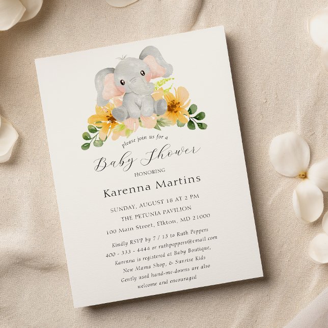Invitation Baby shower de script floral éléphant moderne (Créateur téléchargé)