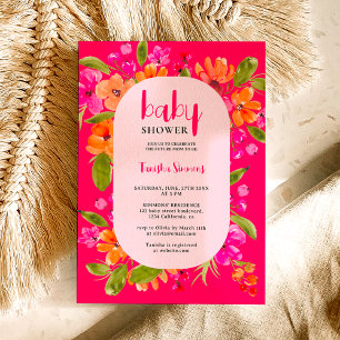 Invitation Baby shower de script floral orange rose rétro aut