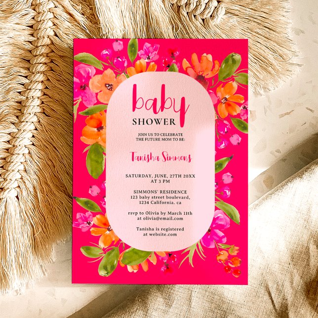 Invitation Baby shower de script floral orange rose rétro aut (Fall boho pink orange floral script baby shower invitation on neon pink)