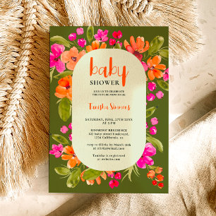 Invitation Baby shower de script floral vert orange