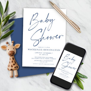 Invitation Baby shower de script manuscrit simple et bleu mod