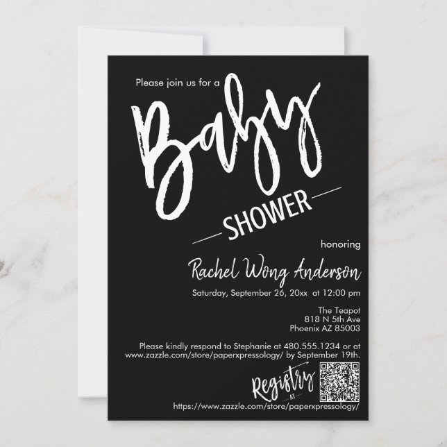 Invitation Baby shower de script minimal moderne QR Code phot (Devant)