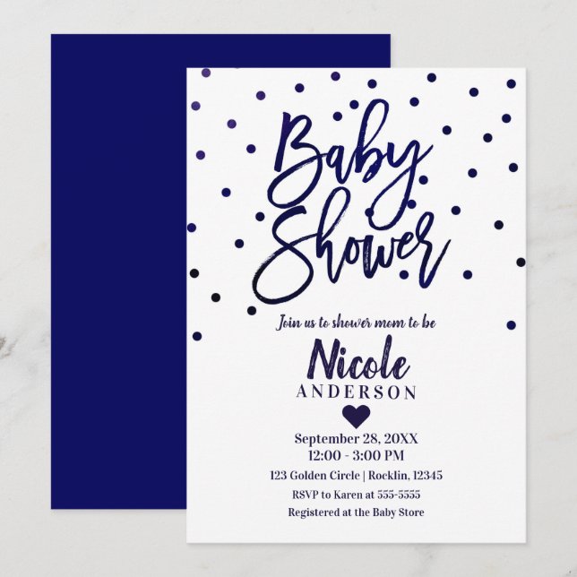 Invitation Baby shower de script moderne bleu marine Confetti (Devant / Derrière)