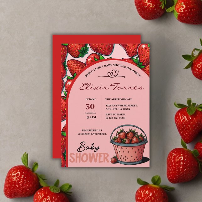 Invitation Baby shower de seau rose sucré aux fraises (Créateur téléchargé)