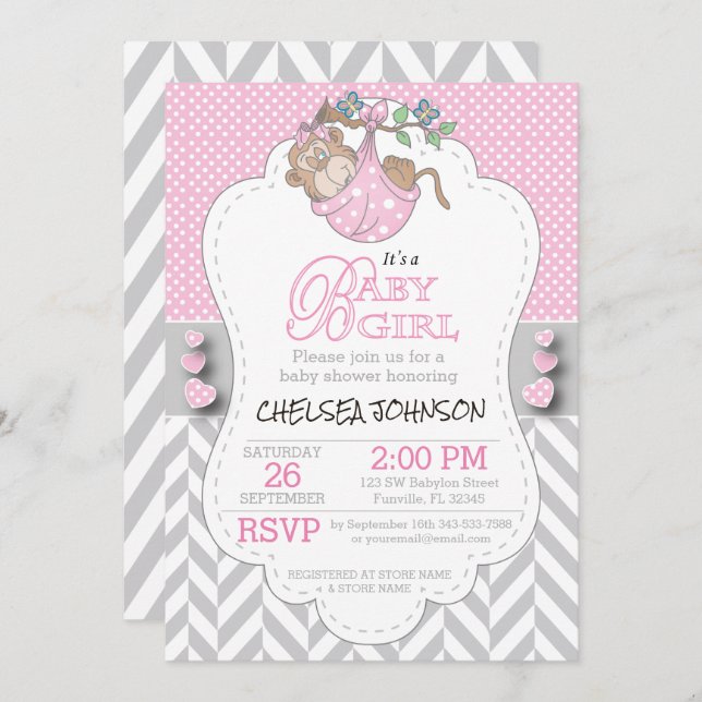 Invitation Baby shower de singe gris rose et blanc (Devant / Derrière)