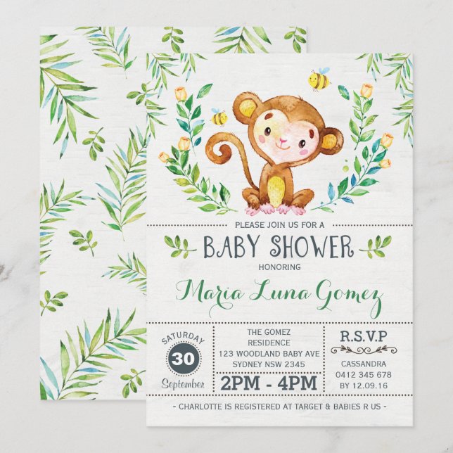 Invitation Baby shower de singe Jungle Baby Boy (Devant / Derrière)