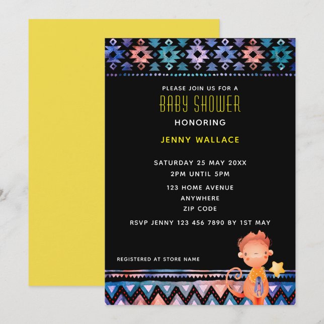Invitation Baby shower de singe mignon arrière - plan noir (Devant / Derrière)