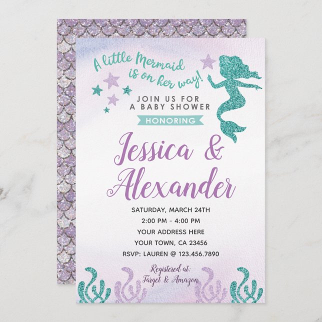 Invitation Baby shower de sirène (Devant / Derrière)
