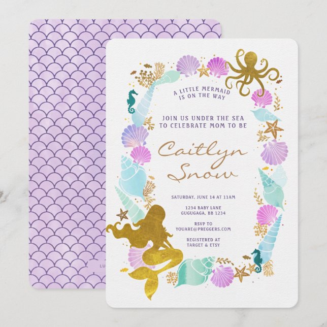 Invitation Baby shower de sirène (Devant / Derrière)