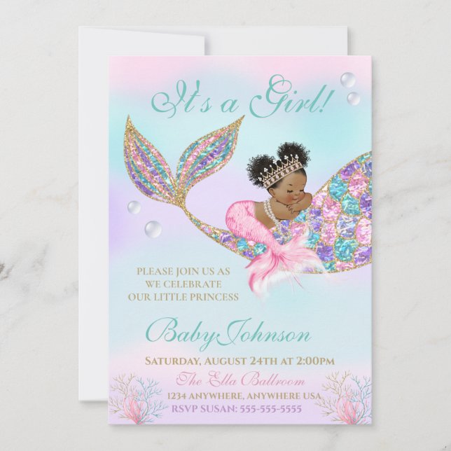 Invitation Baby shower de sirène afro-américain Parties scint (Devant)