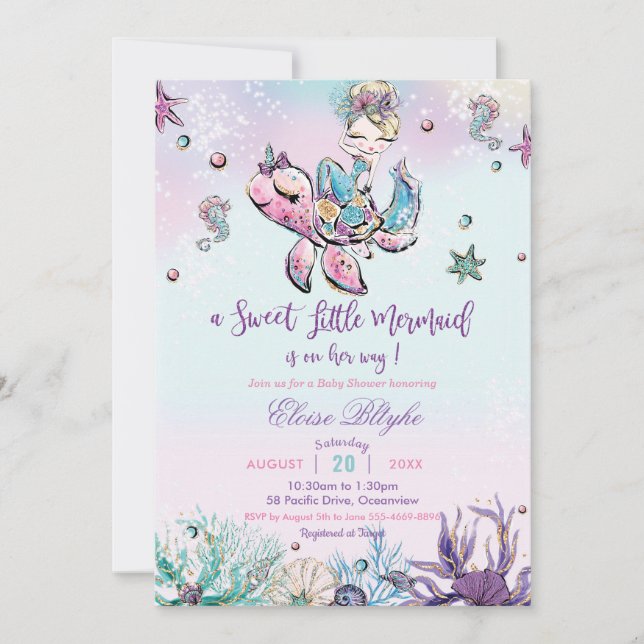 Invitation Baby shower de sirène blonde sous la mer Baby Girl (Devant)
