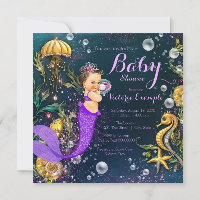 Invitation Baby shower de sirène pourpre (Devant)
