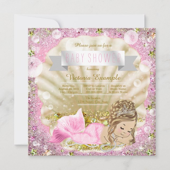 Invitation Baby shower de sirène rose à blond (Devant)