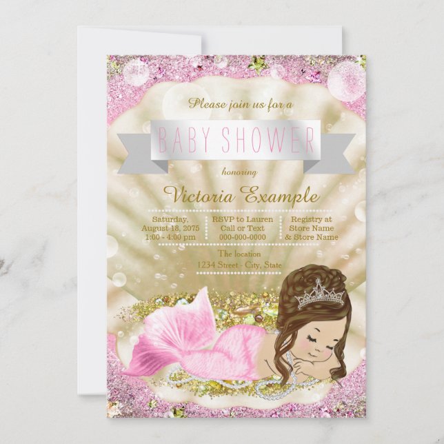 Invitation Baby shower de sirène rose et or Brunette (Devant)