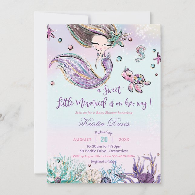 Invitation Baby shower de sirène sous la mer Créatures fille (Devant)