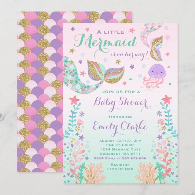Invitation Baby shower de sirènes Douche en or ros (Devant / Derrière)