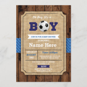 Invitation Baby shower de soccer Boy Blue Wood Football Invit