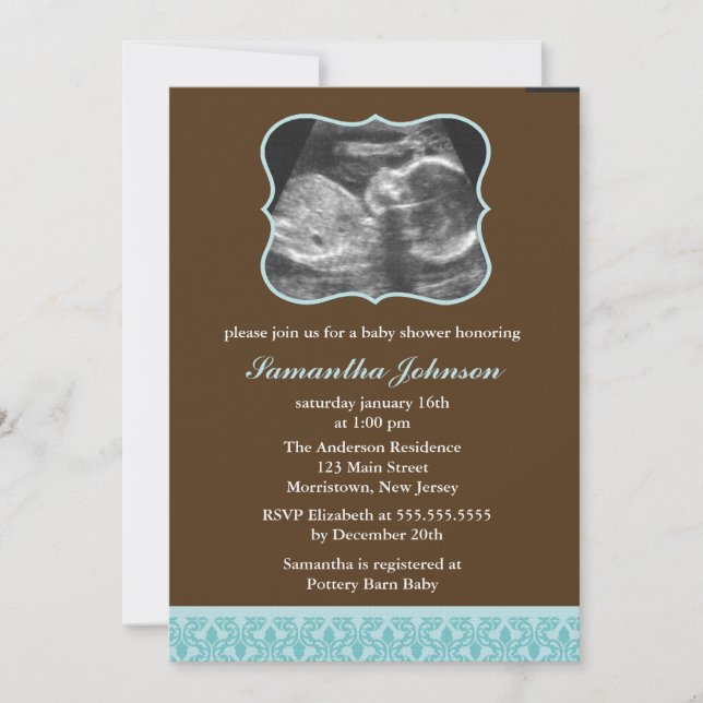 Invitation Baby shower de sonogramme à motif bleu Damas (Devant)