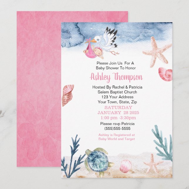 Invitation Baby shower de Stork et Ocean Girl (Devant / Derrière)