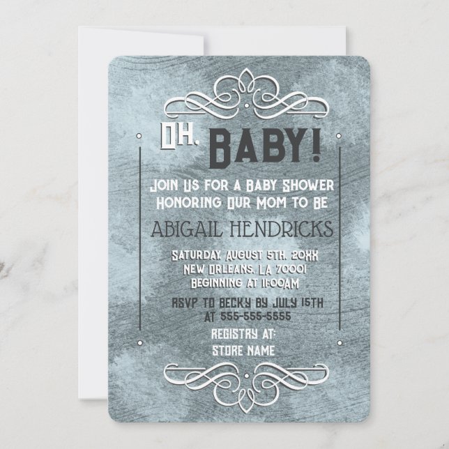 Invitation Baby shower de style Art déco Dusty Blue Retro (Devant)