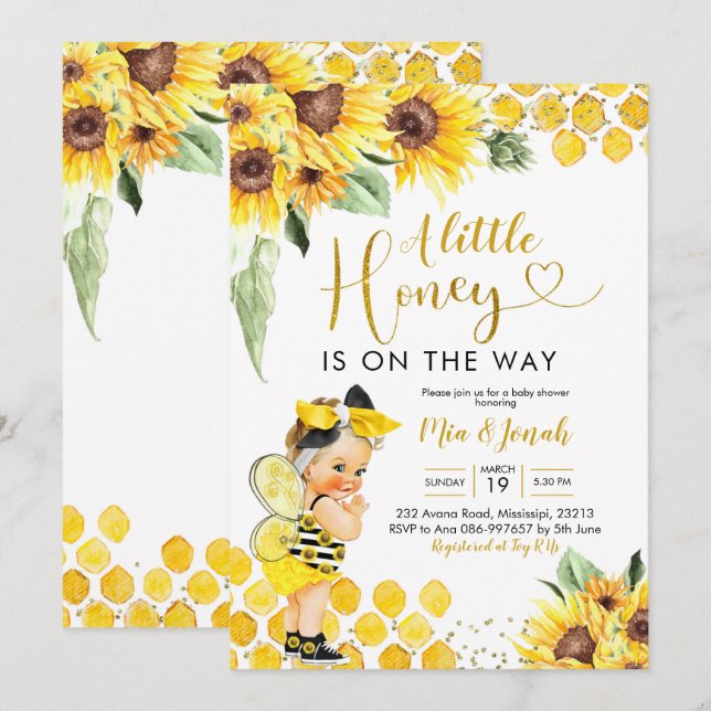 Invitation Baby shower de Sunflower Blonde Bee (Devant / Derrière)