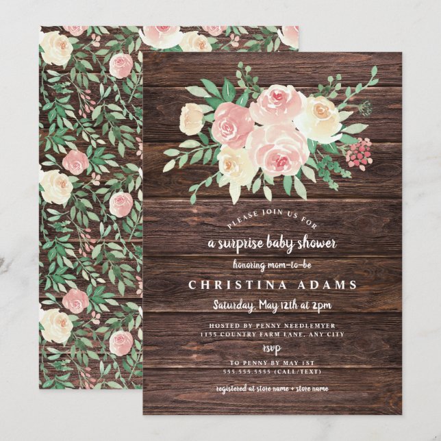Invitation Baby shower de surprise Floral Rustic Wood Blush (Devant / Derrière)