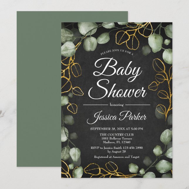 Invitation Baby shower de tableau de bord de courroie Eucalyp (Devant / Derrière)