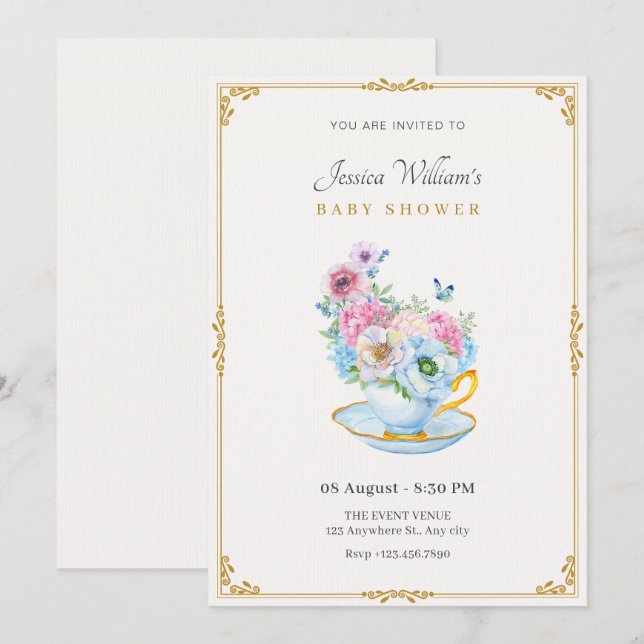 Invitation Baby shower de tasse de thé papillon aux fleurs (Devant / Derrière)