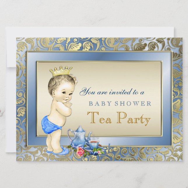 Invitation Baby shower de Tea Party Blue and Gold Boys (Devant)